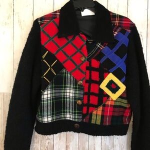 Vintage 80s Sandy Starkman Cardigan Sweater Color Block Geometric Plaid Leather